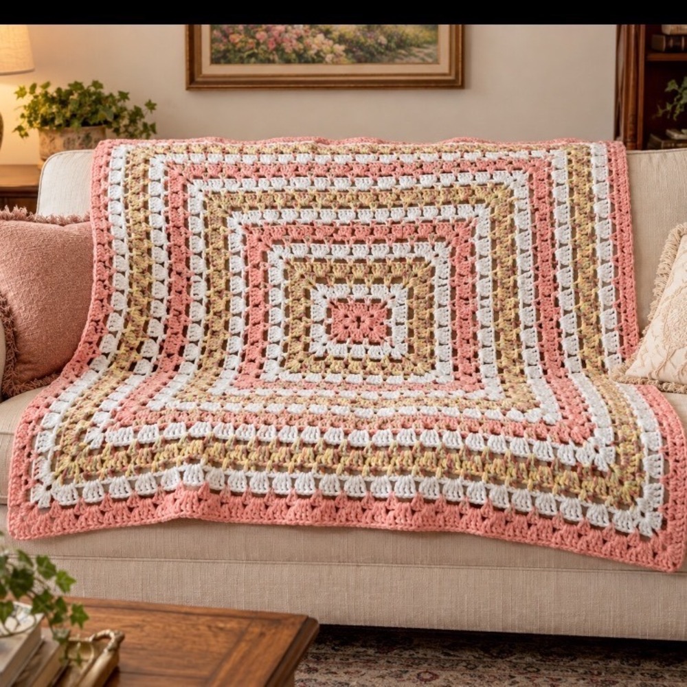 Handmade Crochet  Blanket peach  Granny Square Afghan boho 56x56
